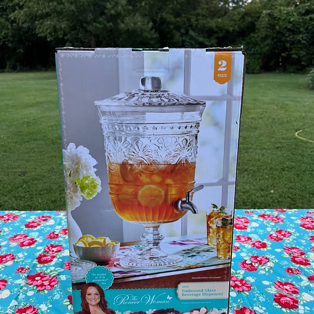 🌺🎁 NEW Pioneer Woman Cassie Glass Emboss Beverage Dispenser - Picture 10 of 12